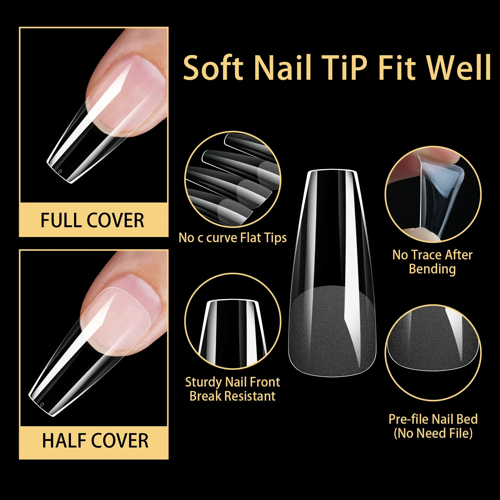 480pcs Translucent Acrylic Long Fake Nails Almond French Coffin Full Half Cover False Nails Artificial Nail Soft Gel Tips