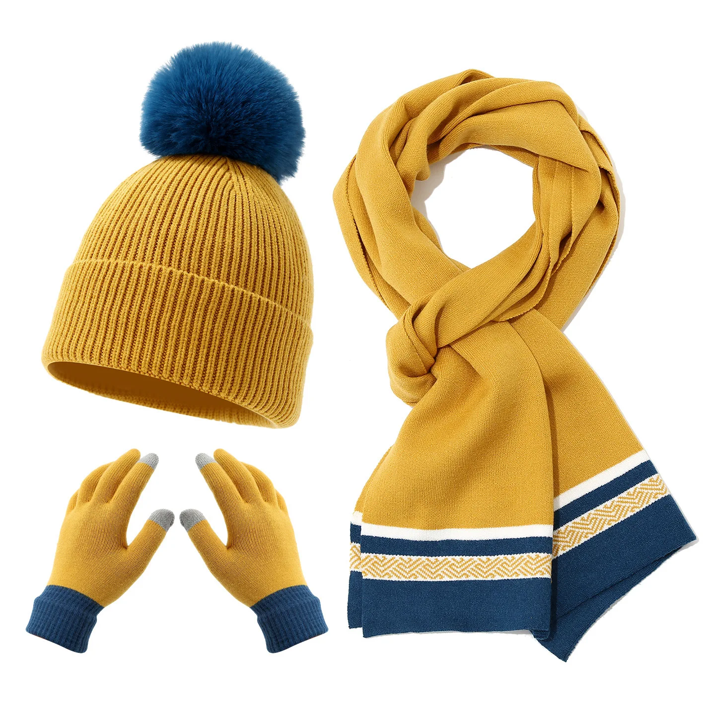 الشتاء المرأة بلون ضوء لوحة الشعر الكرة محبوك هود وشاح قفازات ثلاث قطع مجموعة في الهواء الطلق الكبار مجموعة دافئة