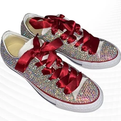 Fashion personality letter rhinestone design feeling wine red ribbon canvas shoes comfortable matching parent-child board shoes