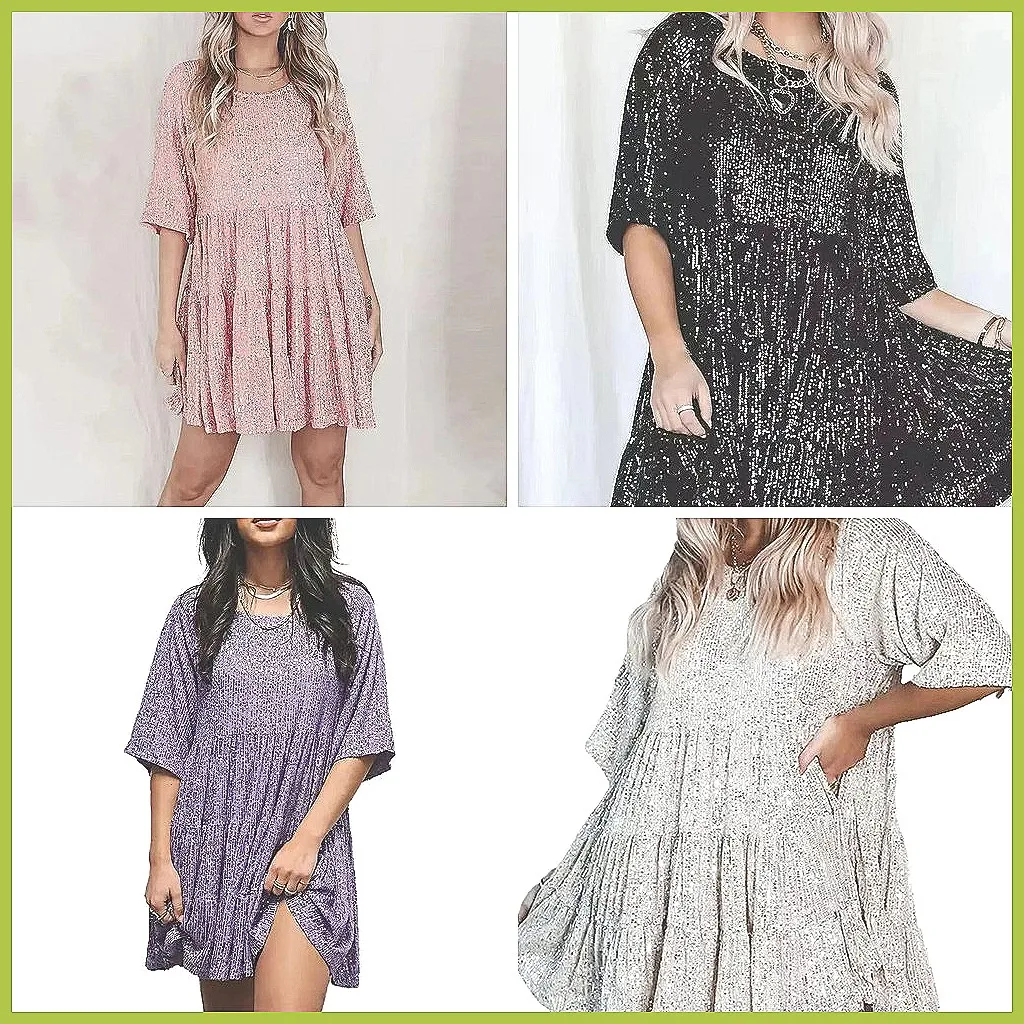 Abito Mini con Paillettes da Donna 2024, Vestito Scintillante con Collo Tondo e Maniche Corte per Feste e Banchetti
