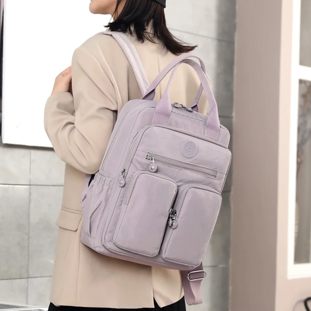 Fashion Waterproof School Bags Soft Handle Solid Multi-pocket Laptop Backpack Nylon Zipper Luggage Bag Woman