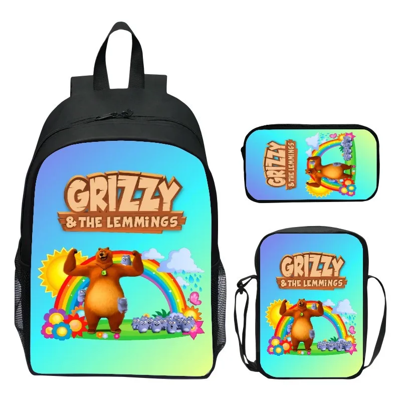 حقيبة ظهر للأطفال مقاس 16 بوصة مكونة من 3 قطع من Grizzy Bear حقيبة ظهر للمدرسة الابتدائية حقيبة كتف مقلمة
