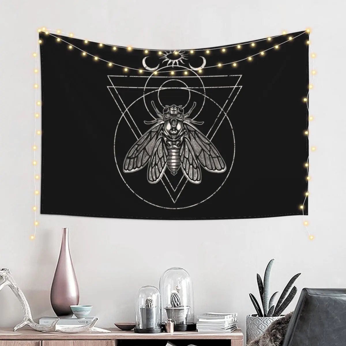 Occult Cicada Brood X Sacred Geometry Ink Illustration Tapestry Wallpaper Bedroom Tapestry