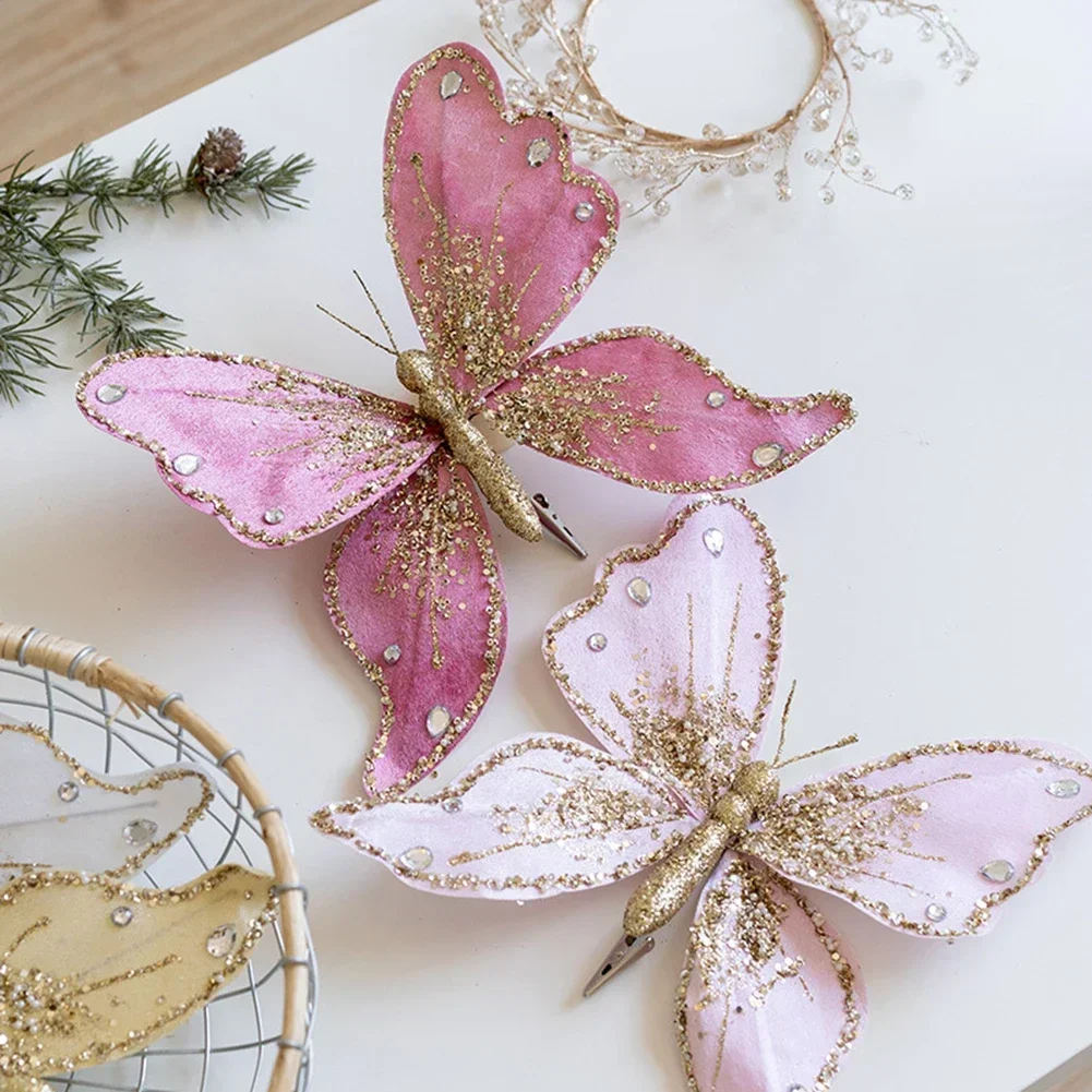 

Christmas Glitter Butterfly Ornament With Clip Christmas Tree Pendant Diy Wreath Decor Gold Powder Decor Simulated Butterfly