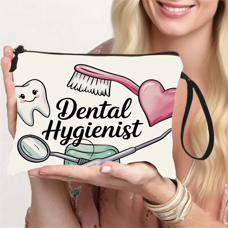 Cartoon Style Dental Themed Storage Bag Wash Bag Wrist Strap Zipper Toothbrush Floss Storage Bag Dental Hygienist Oral Dental Ch