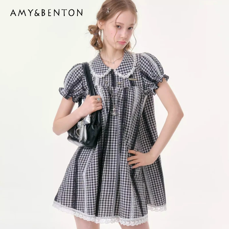 

Lace Splicing Retro Cute Doll Collar Women's Dress 2026 New Black White Plaid Design Sweet Cool Bubble Sleeve Dresses Ladies