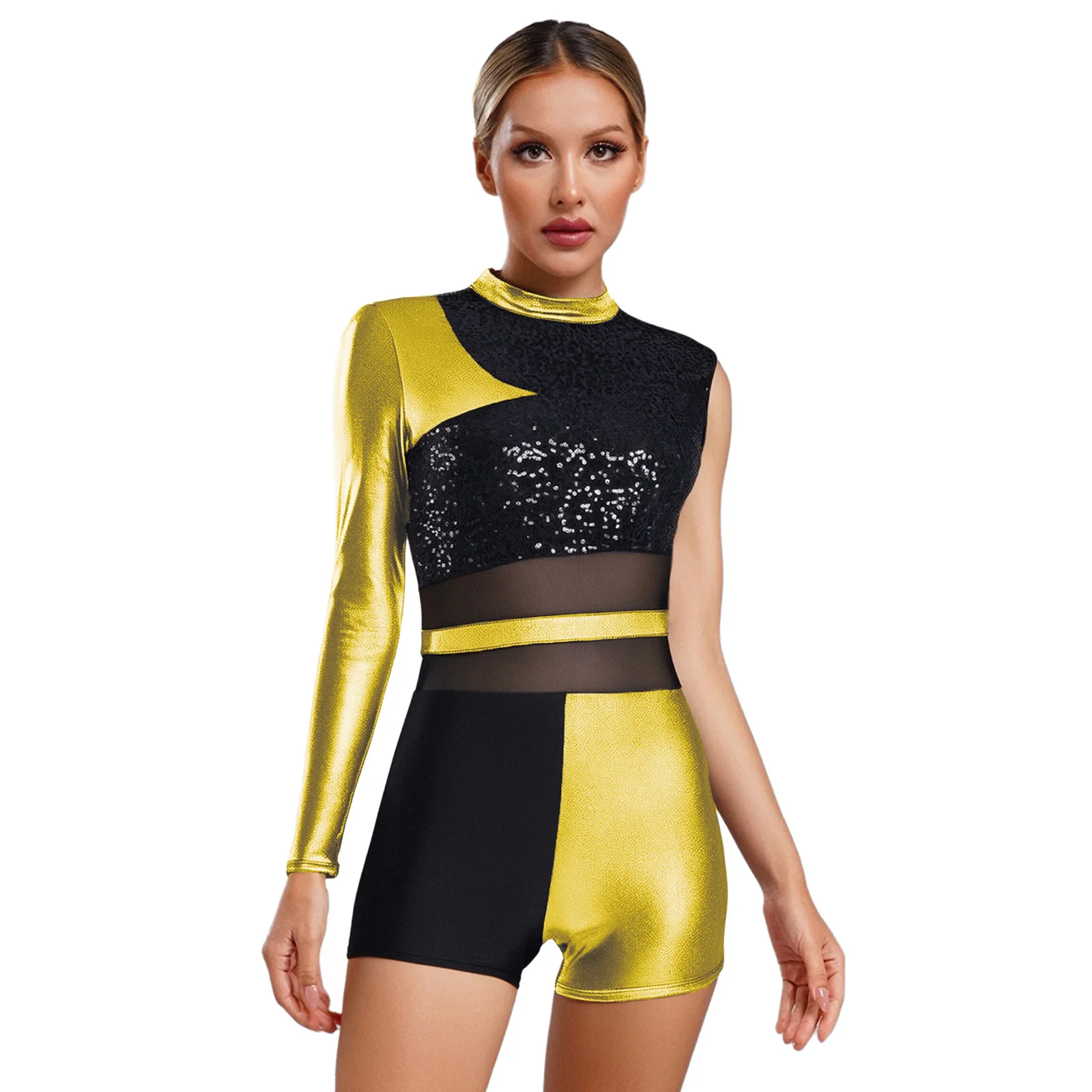 

Women Latin Dance Bodysuit Unitards Performance Glittery Sequin Costume Patchwork Metallic Leotards Jazz Ballet Modern Dancewear