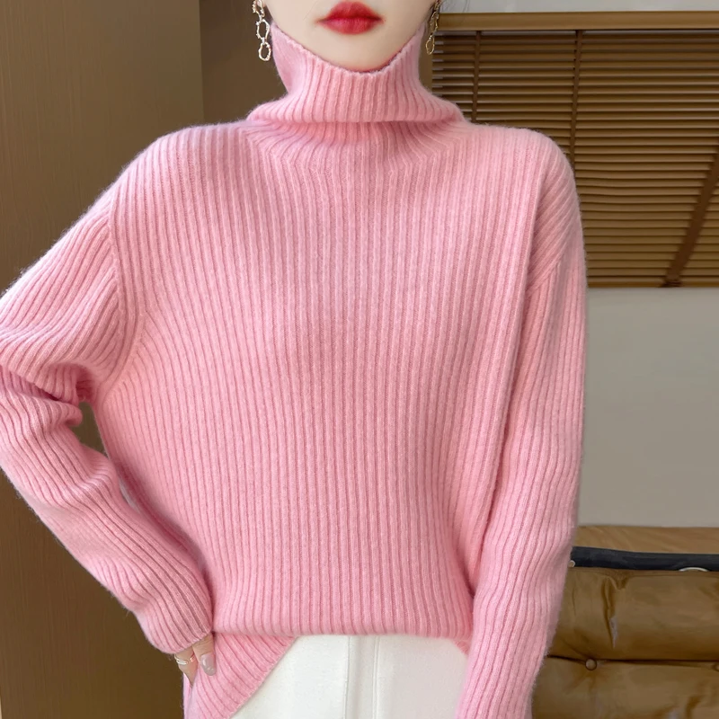 YSC2024 Seamless Women Knitwear 100% Wool Pullover Thick&Loose Sweater Long sleeves Vertical stripe style Warm Soft Basics Tops