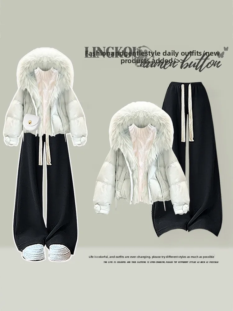 

Комплект женский вязаный с капюшоном больших размеров для осени и зимы: повседневные брюки с высокой талией и свободный топ, модный комплект из двух предметов