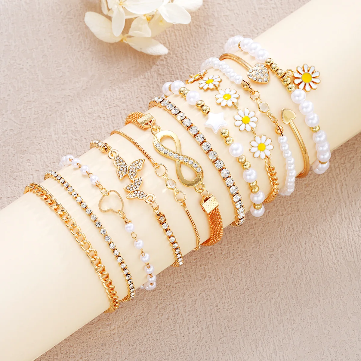 

12Pcs Boho Infinity Symbol Charm Bracelet for Women Gold Color Butterfly Heart Crystal Star Daisy Chains Fashion Jewelry Beach