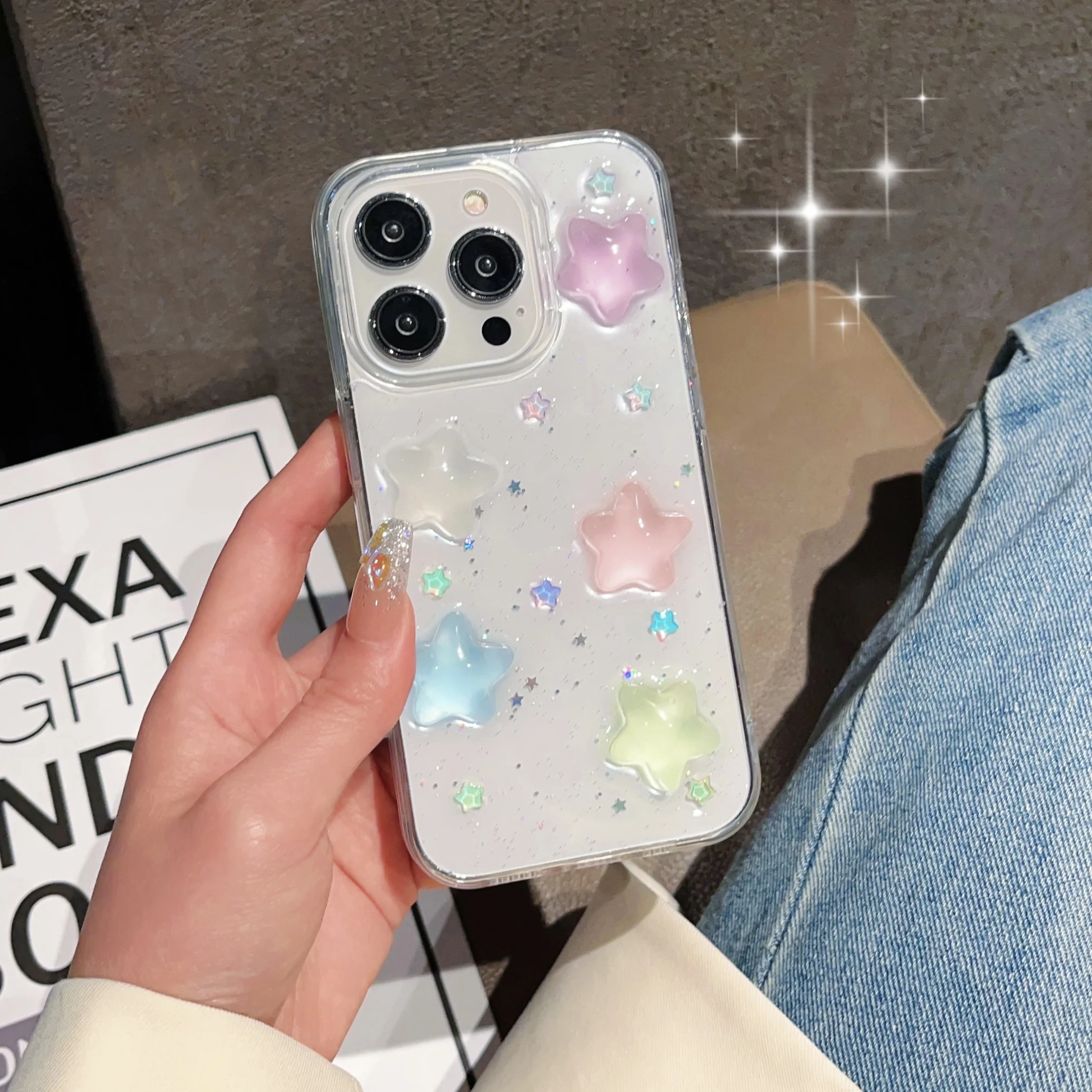 3D epoxy luminous star shaped phone case suitable for iPhone 15, 14, 13, 12, 11 Pro Max Plus Mini transparent TPU surface