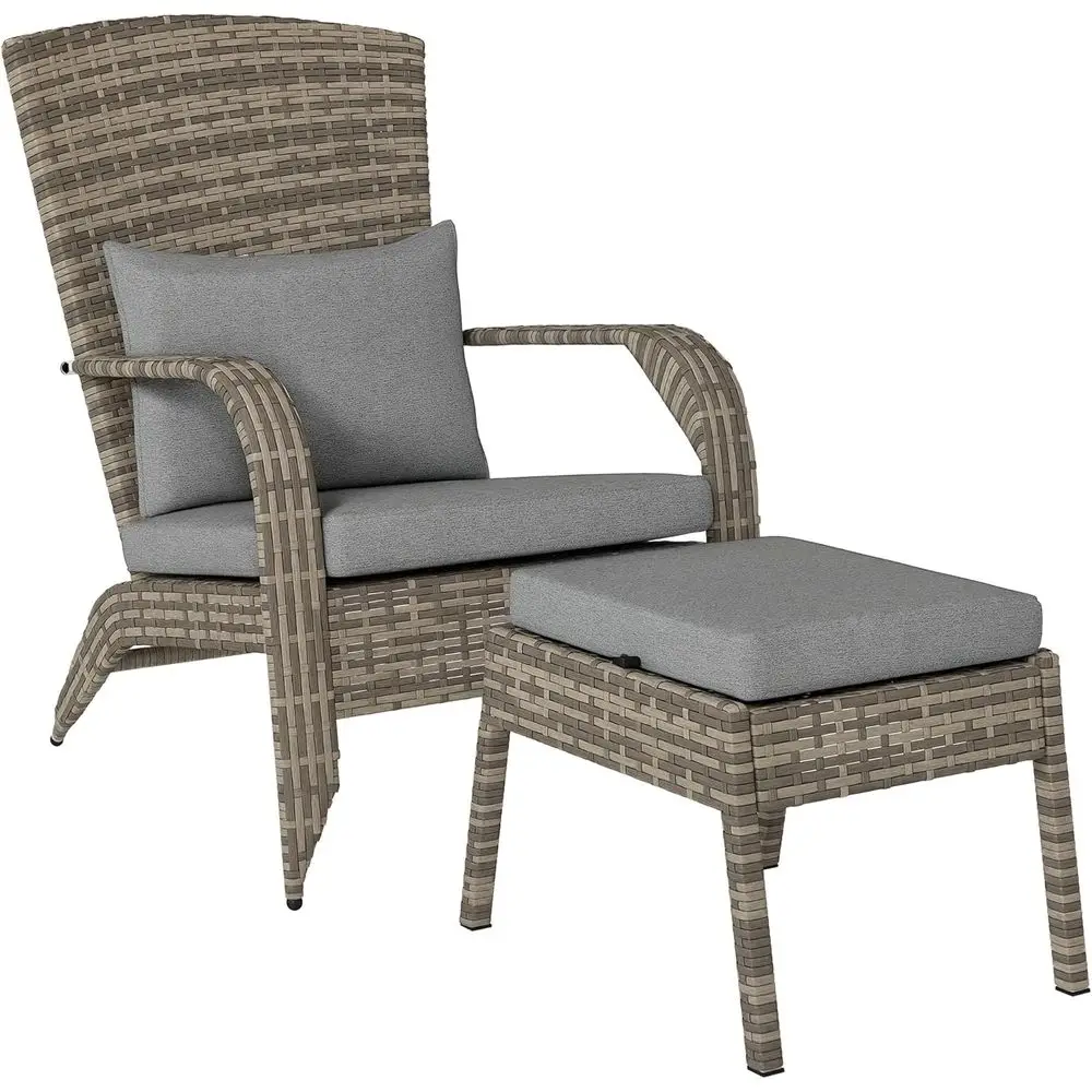 

Gray Outdoor Wicker Adirondack Chair with Ottoman, Cushioned High-Back Seat for Patio, Garden, and Backyard