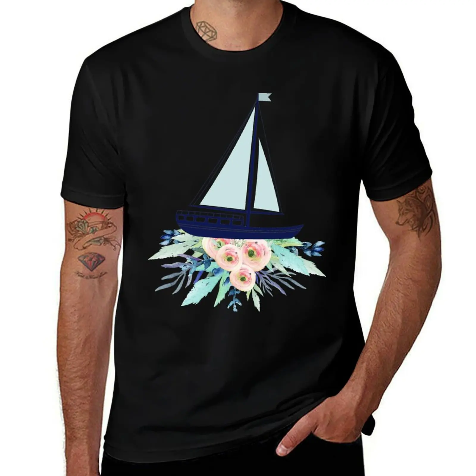 

Watercolor flowers and sailboat T-Shirt t shirt personalised man t shirts cotton T-Shirt