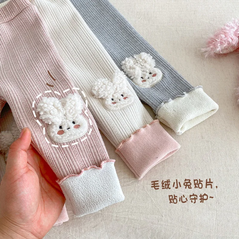 Girls' Bunny Leggings 2025 New Winter Baby Fleece Casual Pants, Children's Solid Color Ribbed Pants