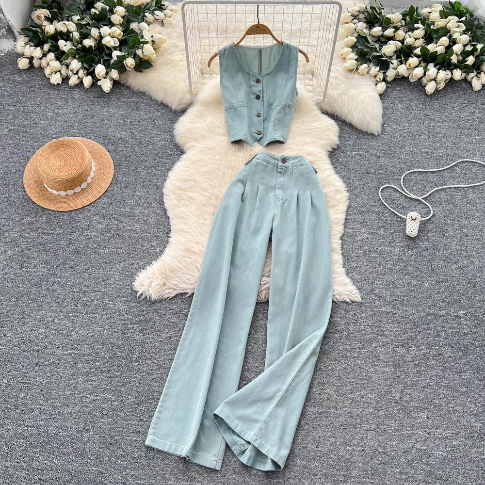 

Denim Pant Set Women Two Piece Sets Matching Sets Sleeveless Tops Y2k Streetwear Elegant Wide Leg Long Pants High Waist Casual