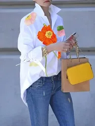 Yeezzi 2025 nueva primavera mujer moda blusa de solapa con estampado Floral mangas largas acampanadas abotonadas Casual estilo coreano camisas Tops