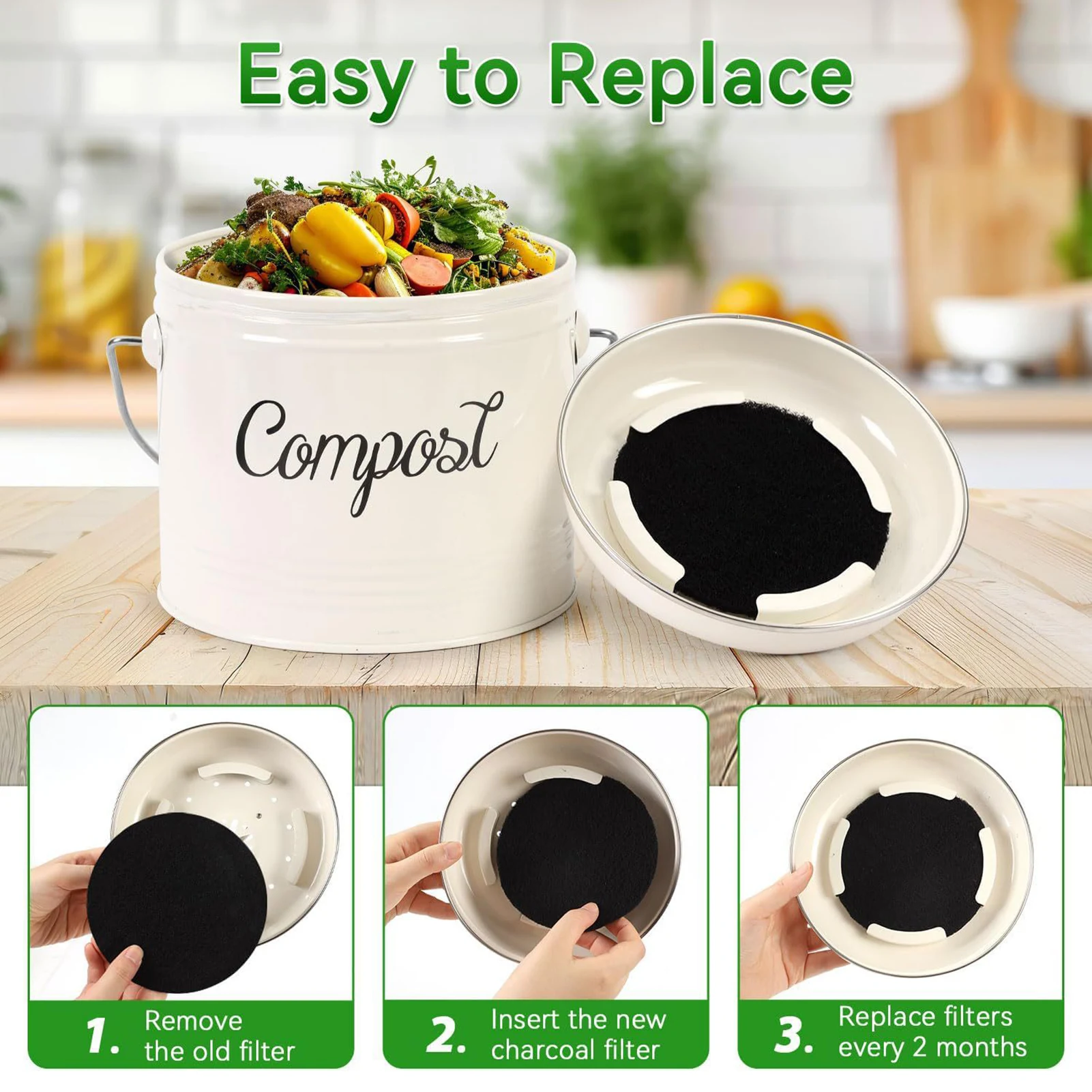 10pcs Charcoal Filter Odor Control Compost Bin for Kitchen Countertop 6.7 Inch Activated Carbon Replacement Pads view 5