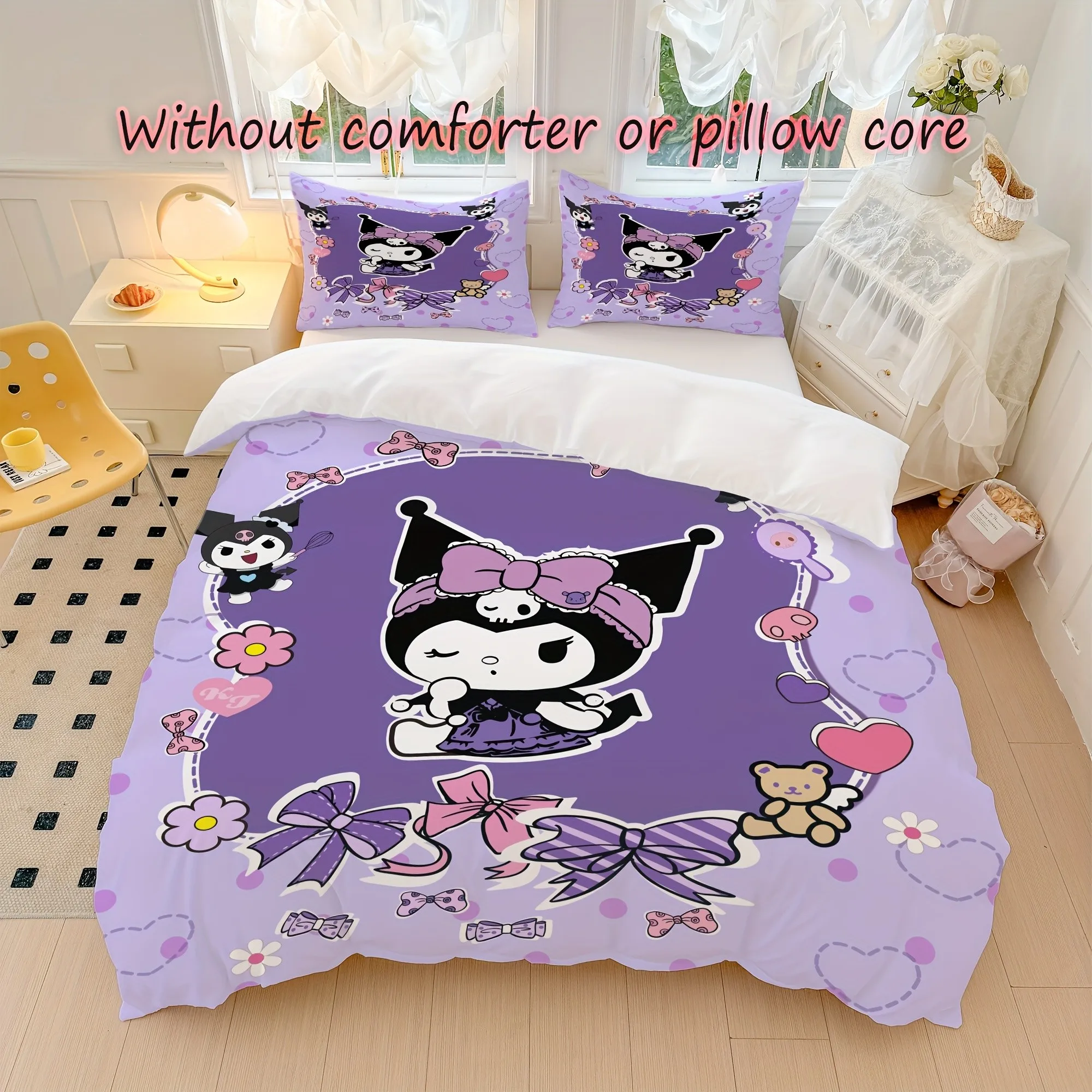 Set copripiumino Kuromi Purple Cartoon Set copripiumino traspirante con chiusura a cerniera 1 copripiumino e 2 federe