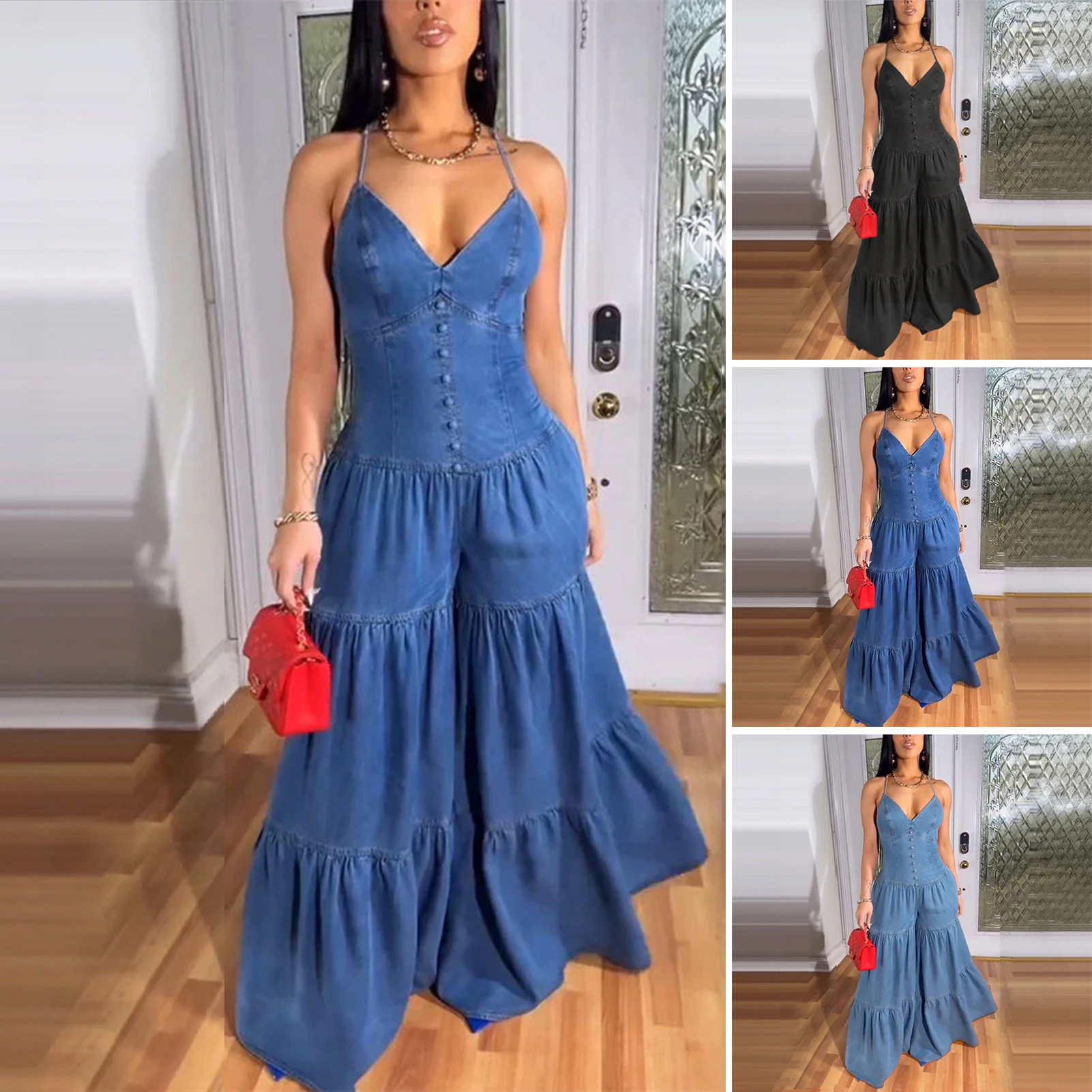 Combinaisons élégantes pour femmes, nouvelle collection printemps 2021, unie, élégante, bureau, ample, froncée, épaules dénudées, ourlet, jambes larges, salopette
