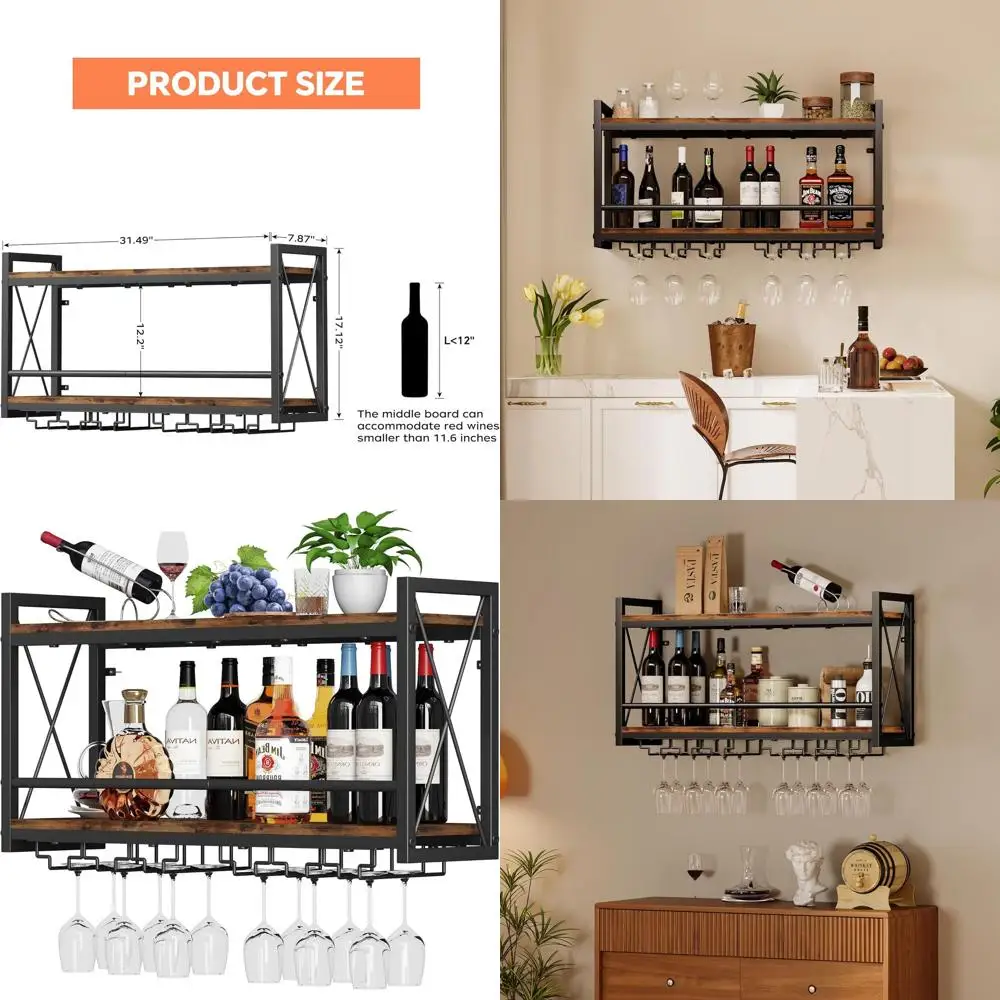 

Настенная полка для вина в деревенском стиле с держателем для бутылок и стекла — деревянный и металлический дизайн для кухни, столовой и домашнего бара