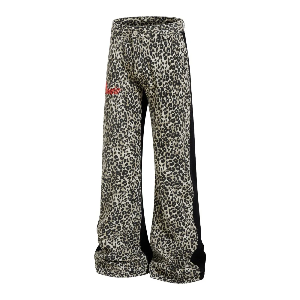 MWJLPWQ Retro Leopard Print Flared Jeans Men's Design American Style Loose Fit Casual Unique Niche Denim Wide-Leg Trousers 15330