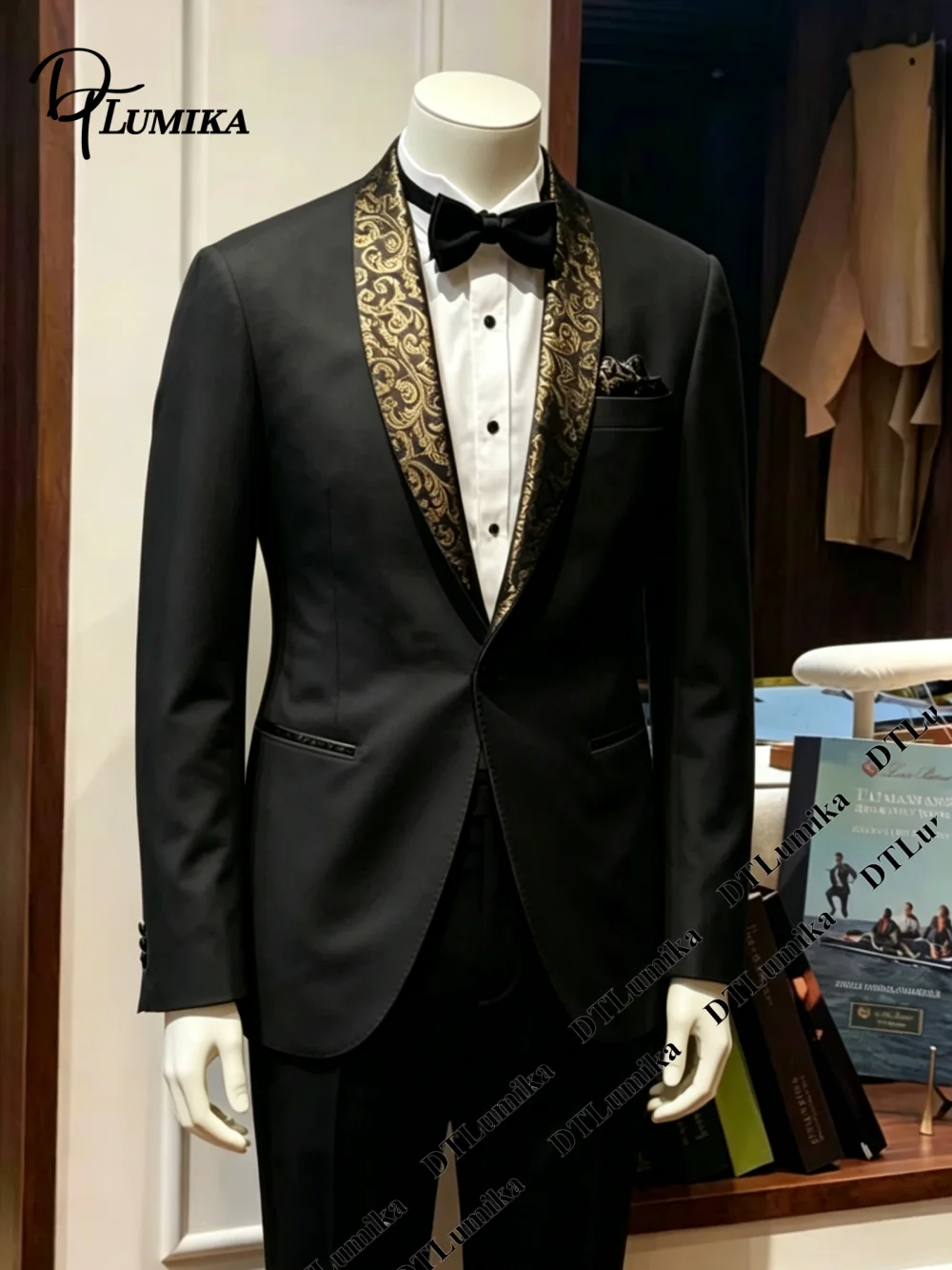 

DTLumika Mens Suit Attire Jacket Pants 2-Pieces Set Formal Wedding Suit Evening Party Wear Prom Tuxedo with Gold Shawl Lapel