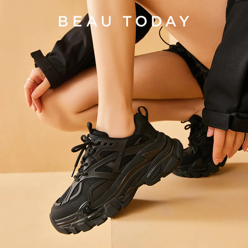 BeauToday Chunky Sneakers Women Genuine Leather Mesh Patchwork Round Toe Lace-Up Thick Sole Ladies Shoes Handmade 29448