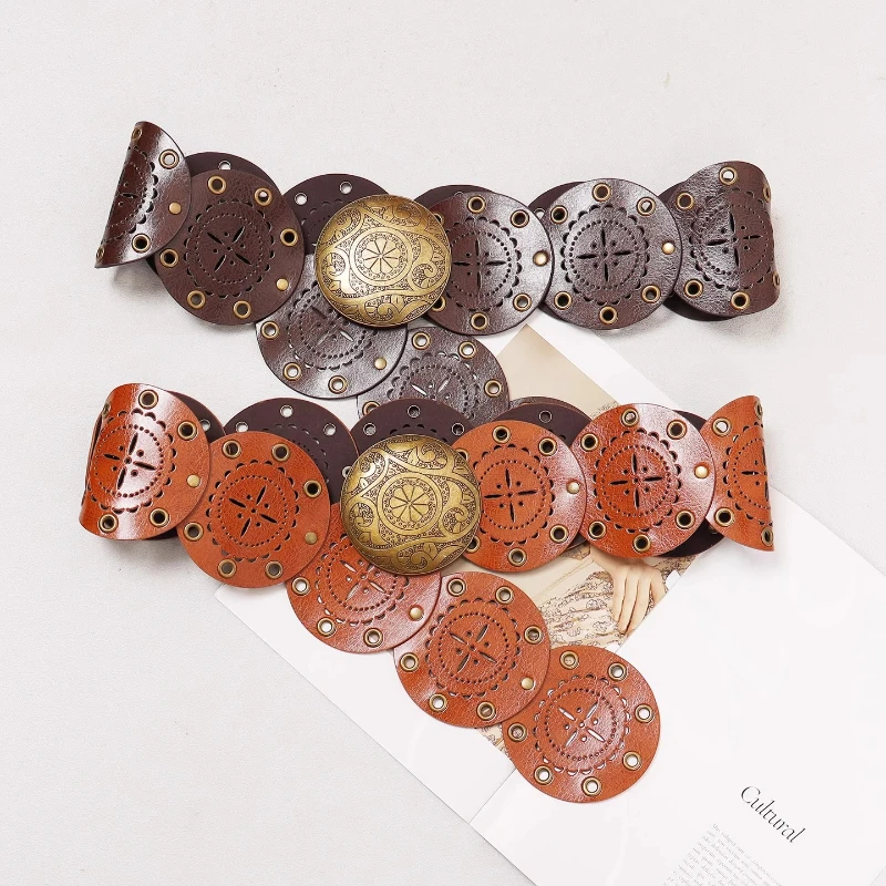 Vintage Embossed Pu Leather Hollow Rivet Waist Belts Women Bohemian Style Wide Waistbands Corset Ceinture Pour Robe Punk Belts