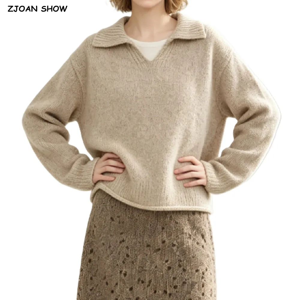 4 Colors Autumn Fashion Rib Lapel V Collar Knitted Long Sleeve Sweater Knitting Casual Pullover Loose Knitwear Apricot