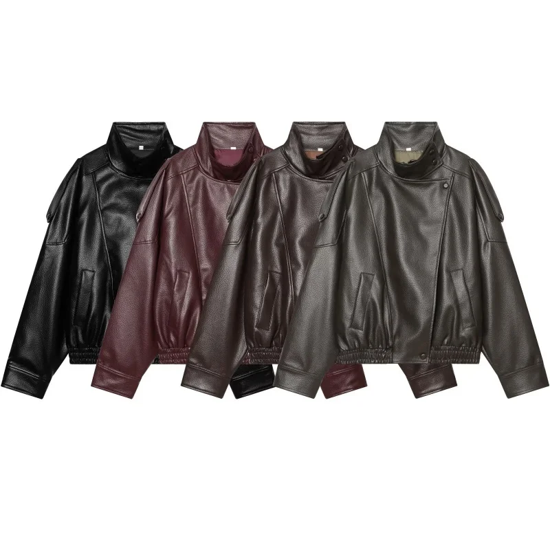 Women's jacket 2026 new European and American style fashionable solid colour stand-collar long-sleeve faux leather jacket