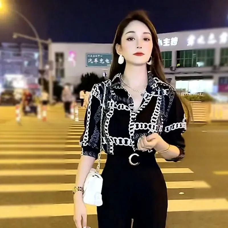 Black Chiffon Women\'s Shirts and Blouses Printed Top for Woman Pattern White Clothing Elegant Luxury Social New 2024 Modern Long