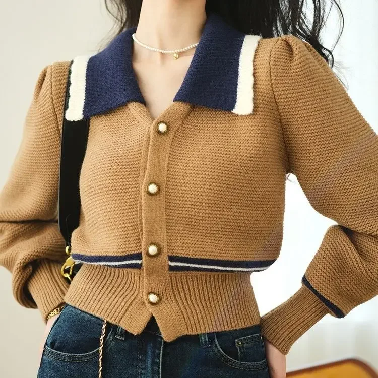 Fall/Winter 2023 Vintage Contrast Color Doll Collar Lantern Sleeve Sweater Temperament Coat Female Cardigan Soft Sweater