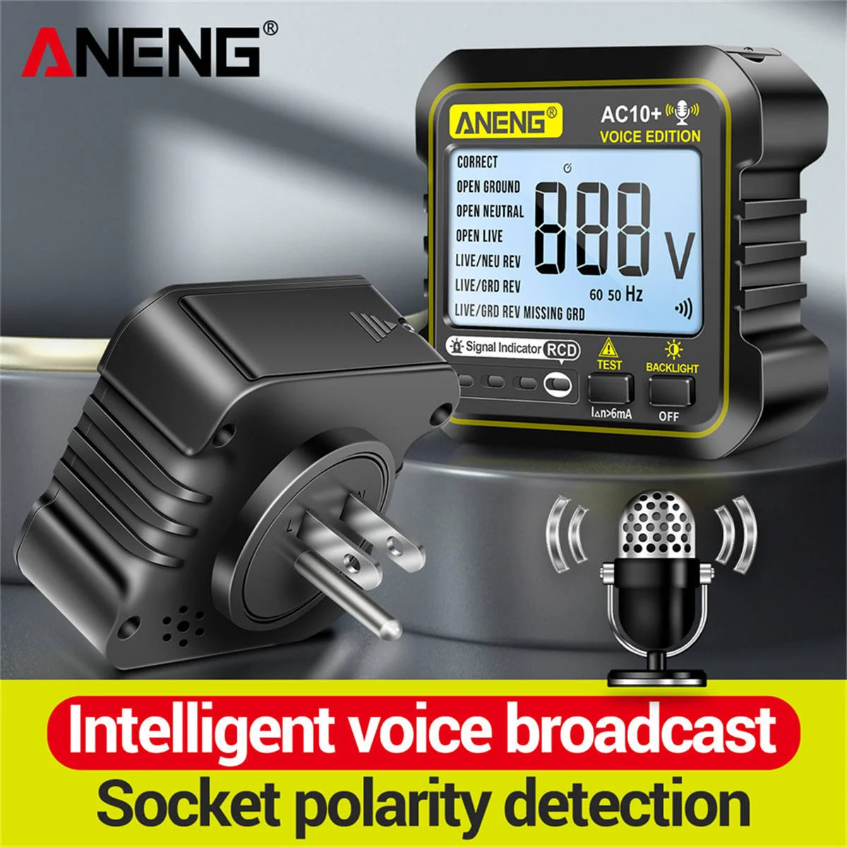 ANENG AC10+ Socket Testing Instrument with Voice Broadcast Outlet Checker US/EU Zero Fire Line Circuit Breaker 1 Year Warranty