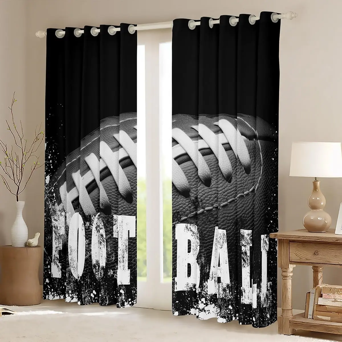 American Football Curtains Window Decor Sports Theme Black Background Polyester Drapery Home Classroom Gift Grunge Sport Decorat