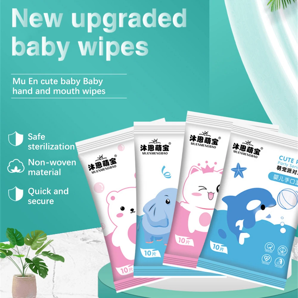 10pcs Baby Cartoon Wipes Comfortable Portable 10 Pieces Disposable Small Bag Wet Wipes Maternal And Child Shop Supermarket Gifts