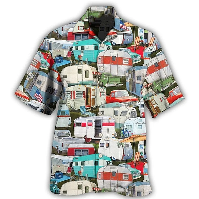 Men's Retro RV Printed Shirt Campsite Printed Shirts Men's Breathable Button Shirt Summer Lapel Shirt Men's Short Sleeved Shirts