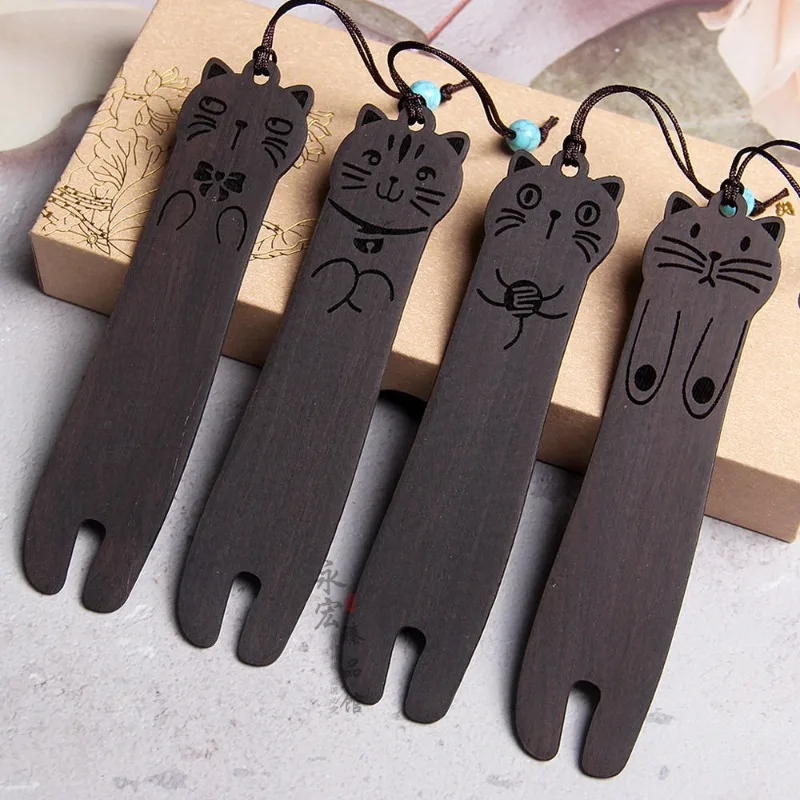 

Высококачественные креативные деревянные закладки из черного дерева с рисунком кота в подарочной упаковке, подарок для учителей, друзей, классных дел - закладки для книг