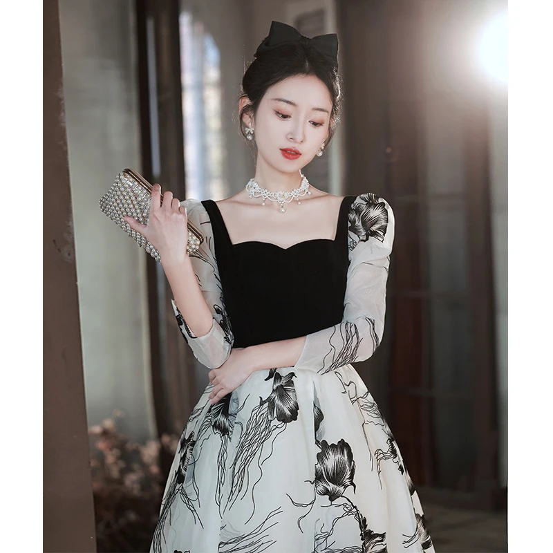 

Vintage Chic Floral Evening Dresses Square Collar Beauty Lady Princess Slim A-Line Lace Up Formal Graduation Bridesmaid Gown New