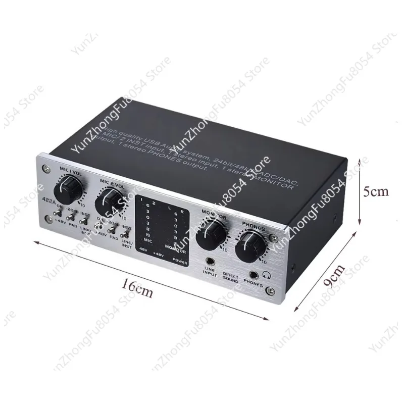 2-Channel USB Audio Interface Studio External Sound Card + 48v Phantom Power DC5V Power Audio Sound Card Mixer