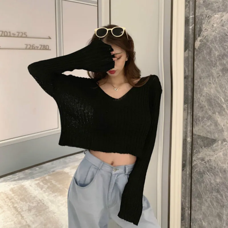 New Spring Summer Women Casual Loose V-neck Knitted Long Sleeve T-shirt Autumn Sexy Club Solid Off Shoulder Thin Crop Tops Shirt