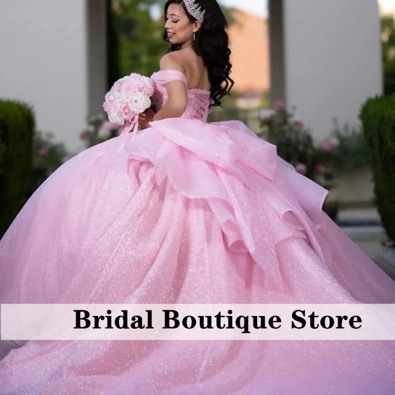 Customized Shiny Pink Quinceanera Dresses Off the Shoulder crystal applique layering Bow Long tail Vestido De 15 Quinceanera