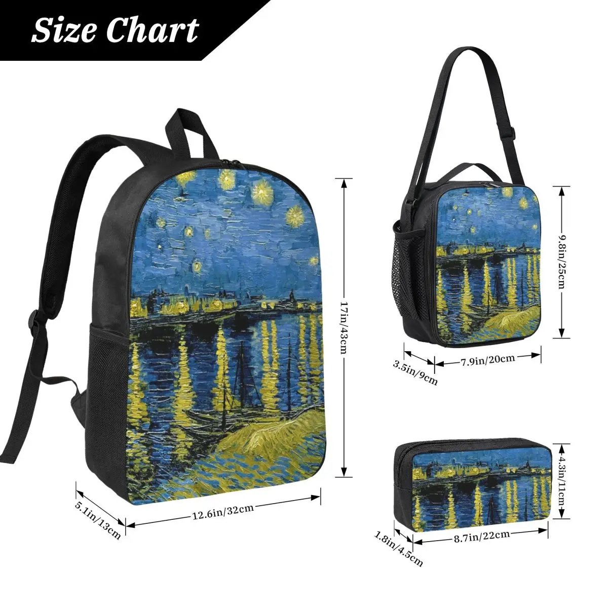 Starlight Night Van Gogh Backpack Boys Girls BookBag School Bag Laptop Shoulder Bags 3ps Insulated Lunch Bag Pencil Case