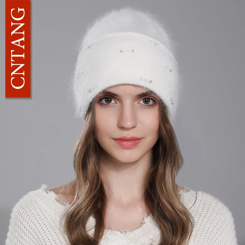 CNTANG New Hat For Women Winter Knitted Angora Rabbit Fur Beanie Fashion With Rhinestone Warm Hats Female Luxury Brand Cap y2k