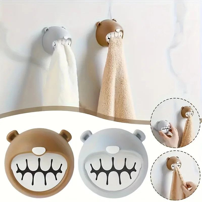 2PCS  Wall-Mounted Cartoon Bear Towel Hooks, No-Drill Adhesive Kitchen Bathroom Towel Rack, Practical Holder