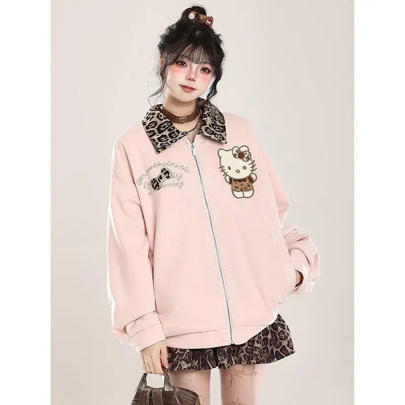 

Универсальная куртка Sanrio Hello Kitty с вышивкой, свободного кроя, на молнии, из лоскутной ткани, для женщин, новый стиль, с отложным воротником и принтом кота