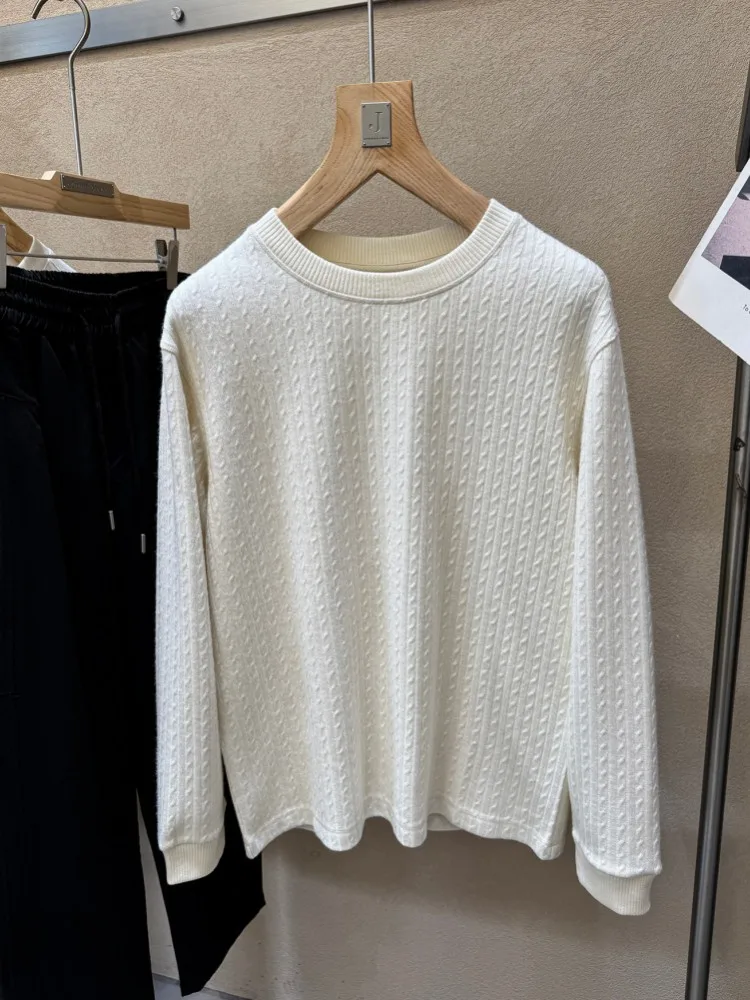 Autumn New Mens Business Casual Woolen T-Shirt O Neck Long Sleeve Pullover Tees Tops Streetwear Comfortable Vintage T-Shirts