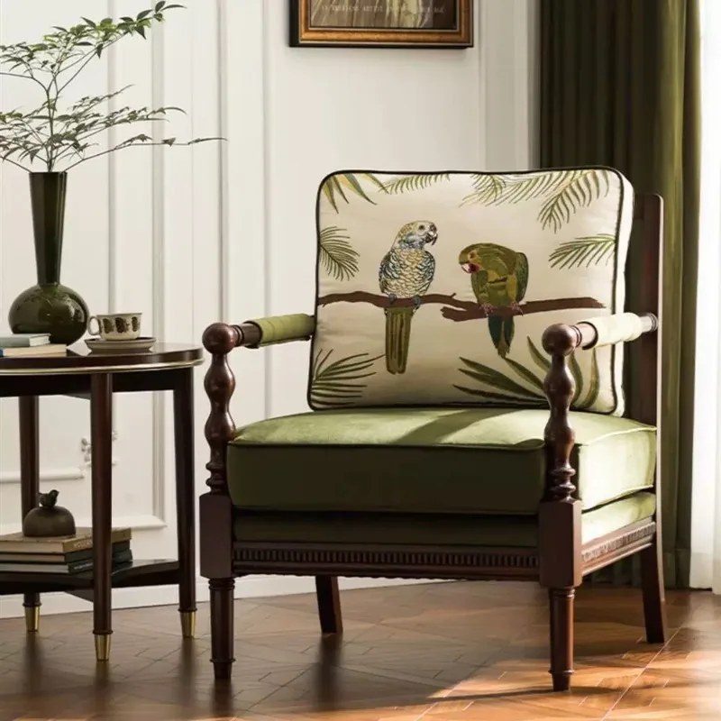 

American medieval single sofa, tiger chair, living room balcony leisure chair, solid wood sofa chair, leather single sofa chair