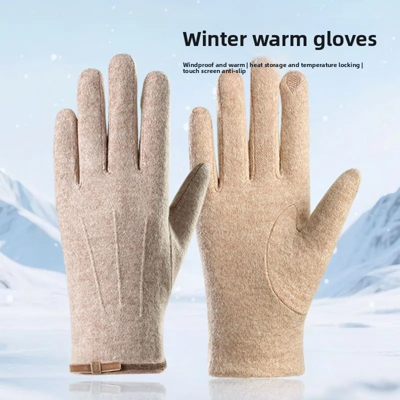 Soft Comfortable Women Autumn Winter Imitation Cashmere Thickened Windproof Touch Screen Gloves for Outdoor Sports and Riding