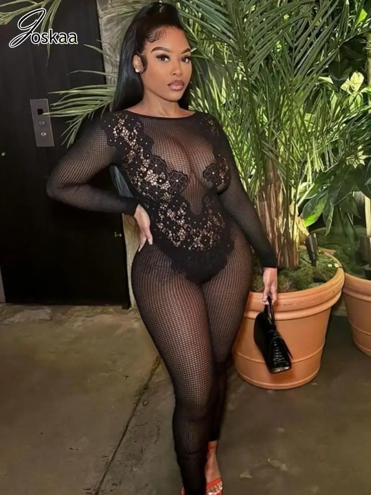 Joskaa 여성용 레이스 패치워크 시스루 블랙 점프수트, 섹시한 긴 소매 백리스 스키니 원피스 롬퍼, 2024 미드나이트 클럽웨어