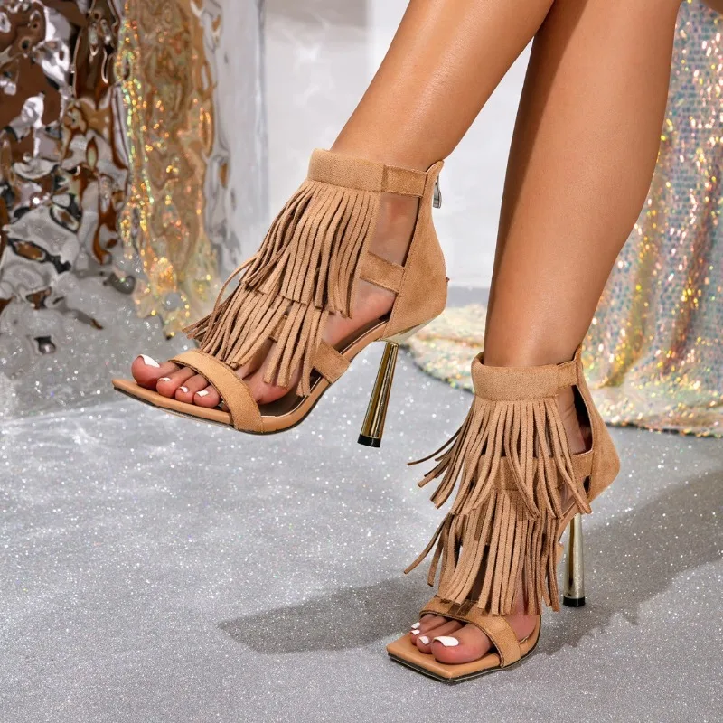 الجدة شرابة تصميم الكعب الصنادل المرأة مثير المفتوحة تو عودة زيبر أنيقة مصمم عالية الكعب السيدات أزياء حزب اللباس حذاء